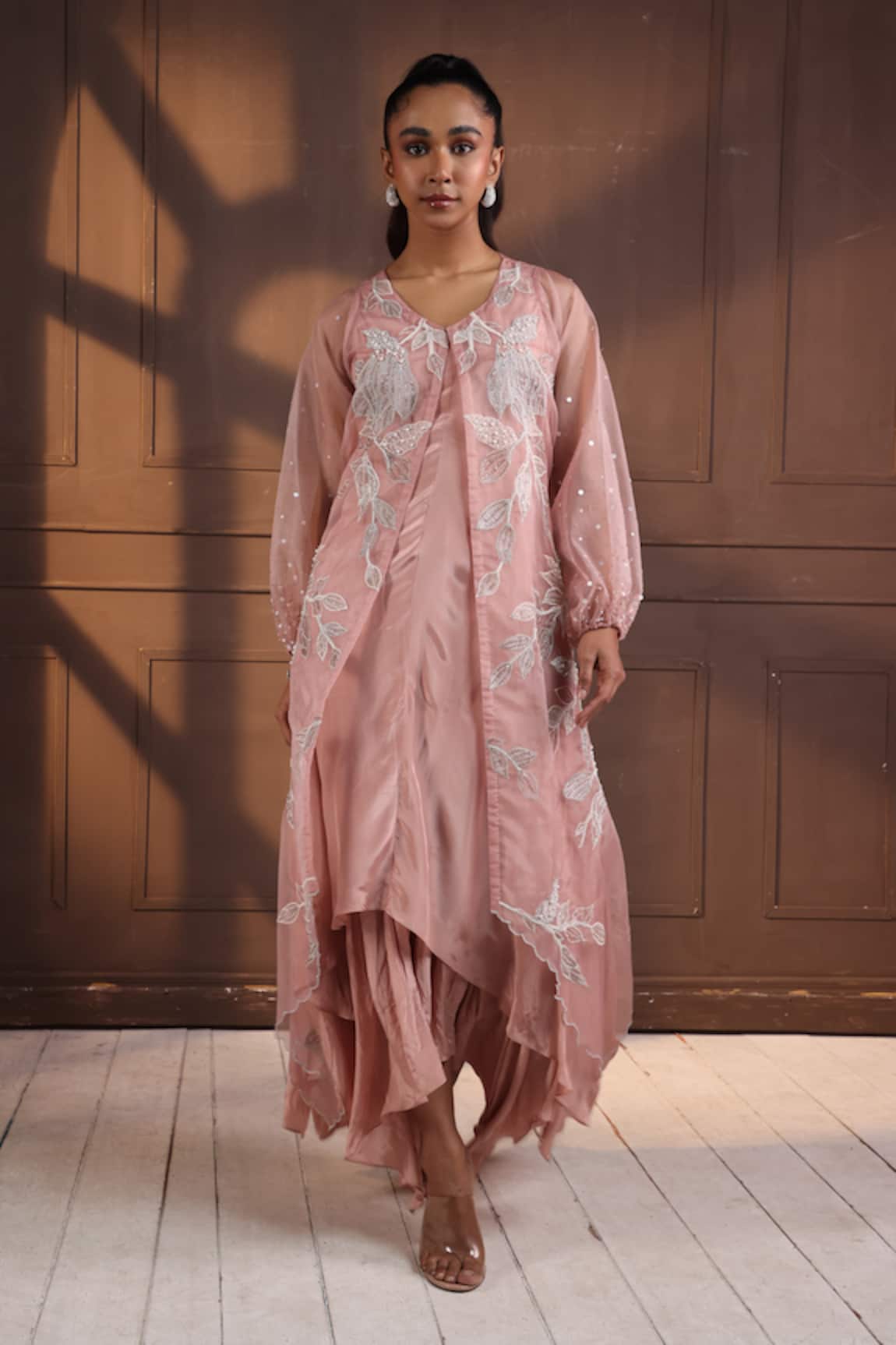 Smriti By Anju Agarwal Blush Pink Applique Jacket & Dress Set