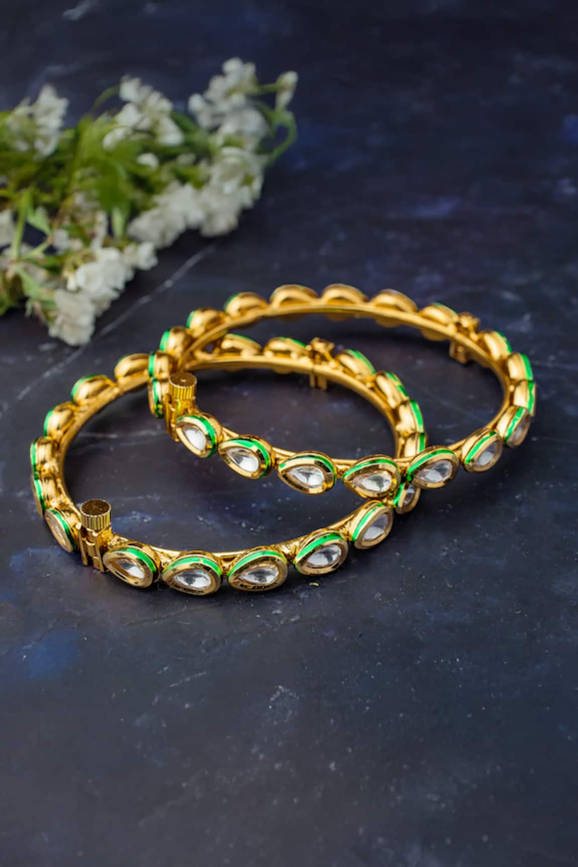Vivinia By Vidhi Mehra Gold Green Polki Kundan Bangles Set