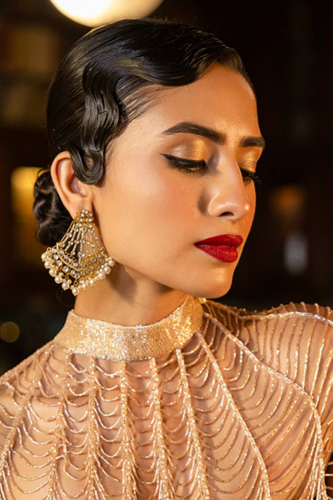 Kicky & Perky Gold Kundan Pearl Chandelier Earrings 