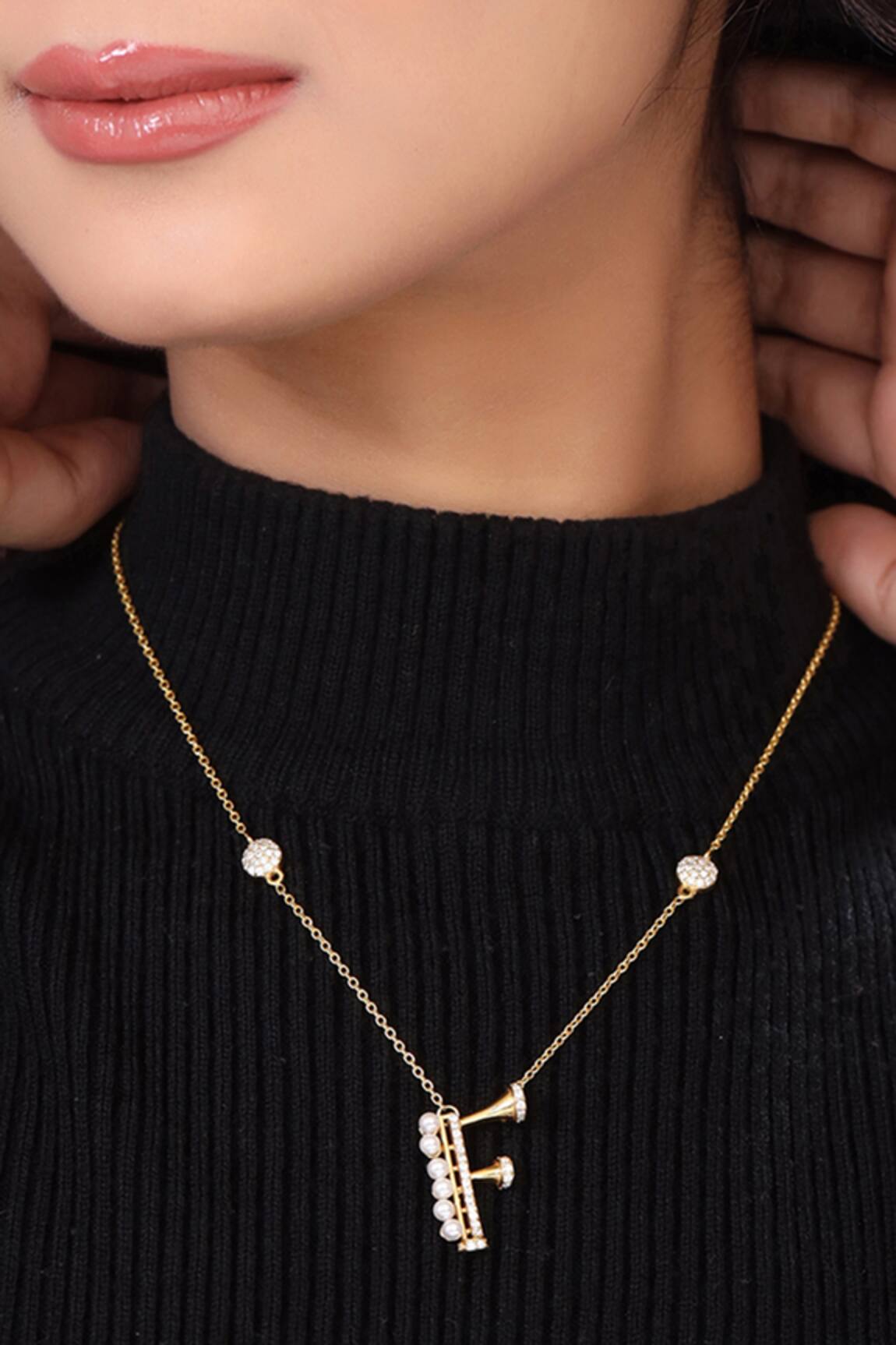 Kicky & Perky Gold Stone & Pearl Alphabet F Pendant Necklace 