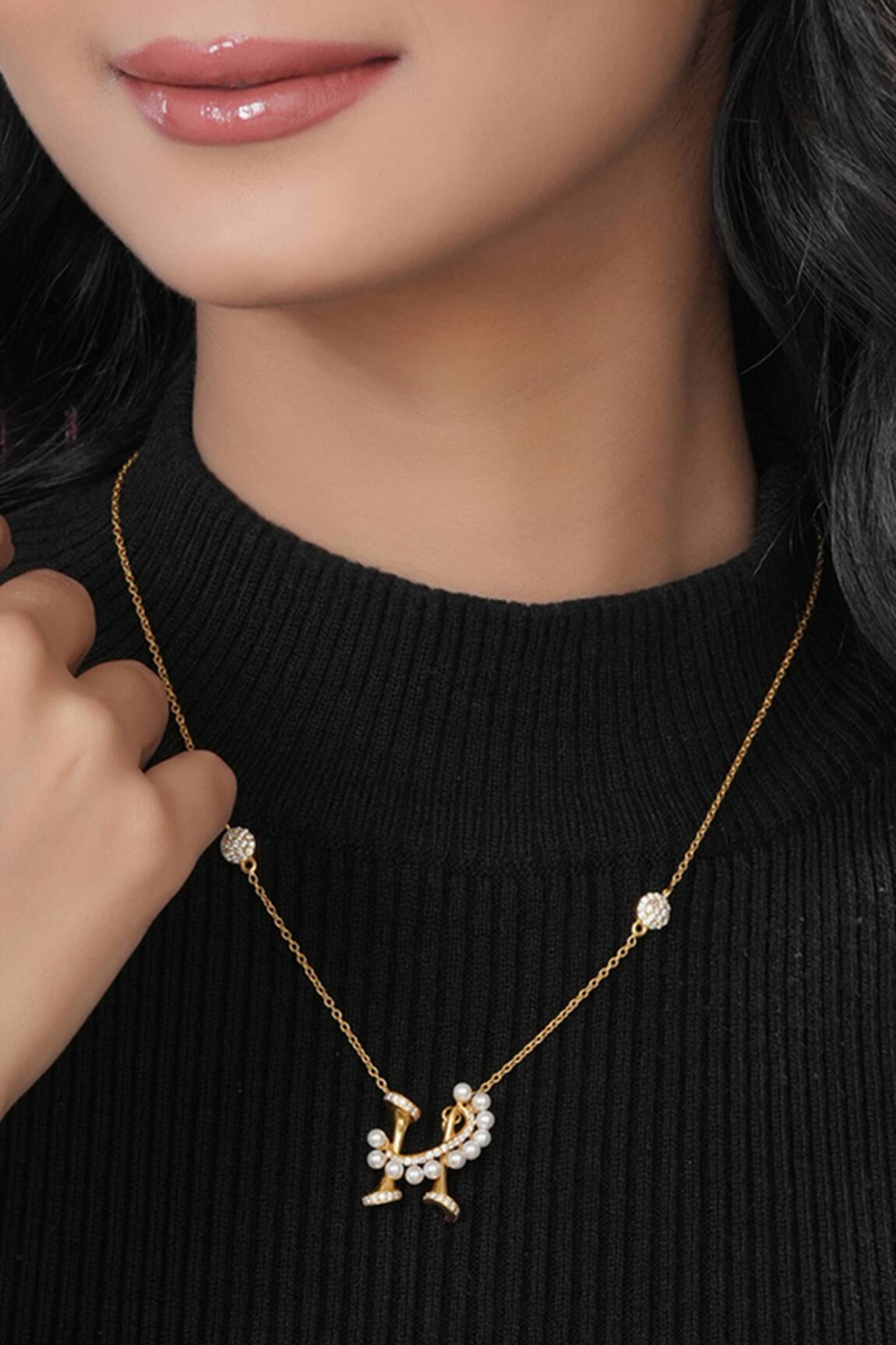 Kicky & Perky Gold Stone & Pearl Alphabet H Pendant Necklace 