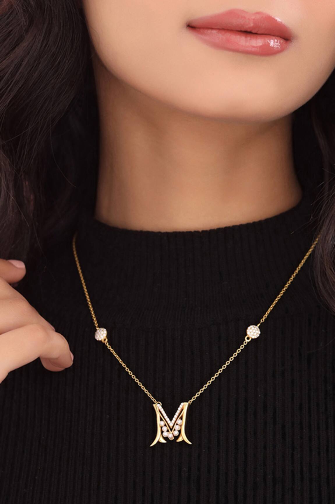 Kicky & Perky Gold Stone Pearl Alphabet M Pendant Necklace 