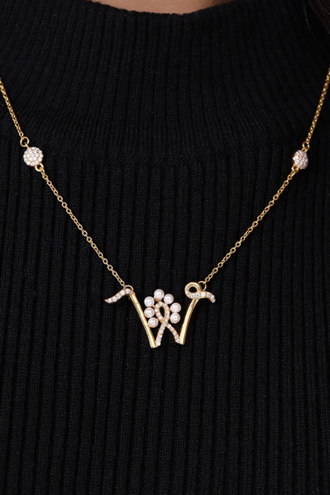 Kicky & Perky Gold Pearl Stone W Shaped Pendant Necklace 