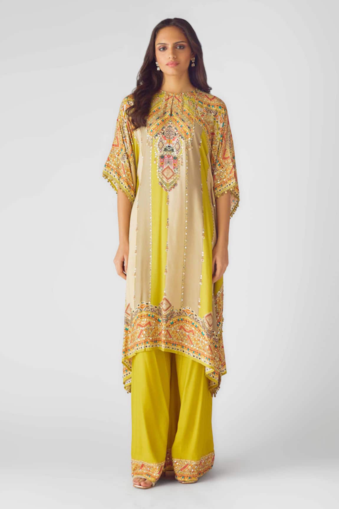 Basanti - Kapde Aur Koffee Floral Work Asymmetric Kaftan & Flared Pant 