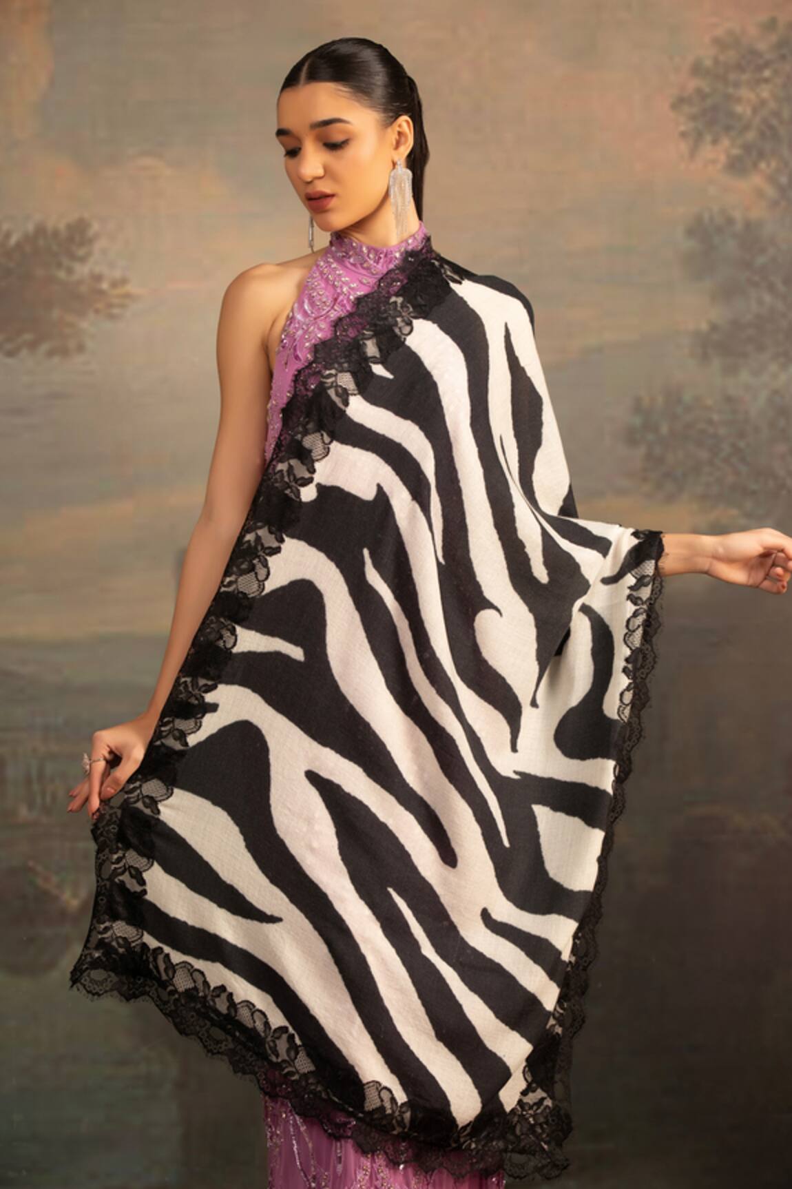 Modarta Lace Embellished Animal Print Shawl 