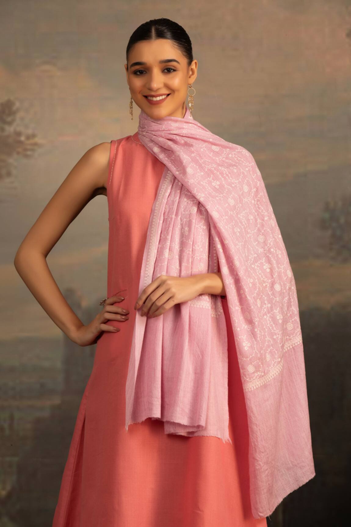 Modarta Sozni Floral Embroidered Pink Shawl 