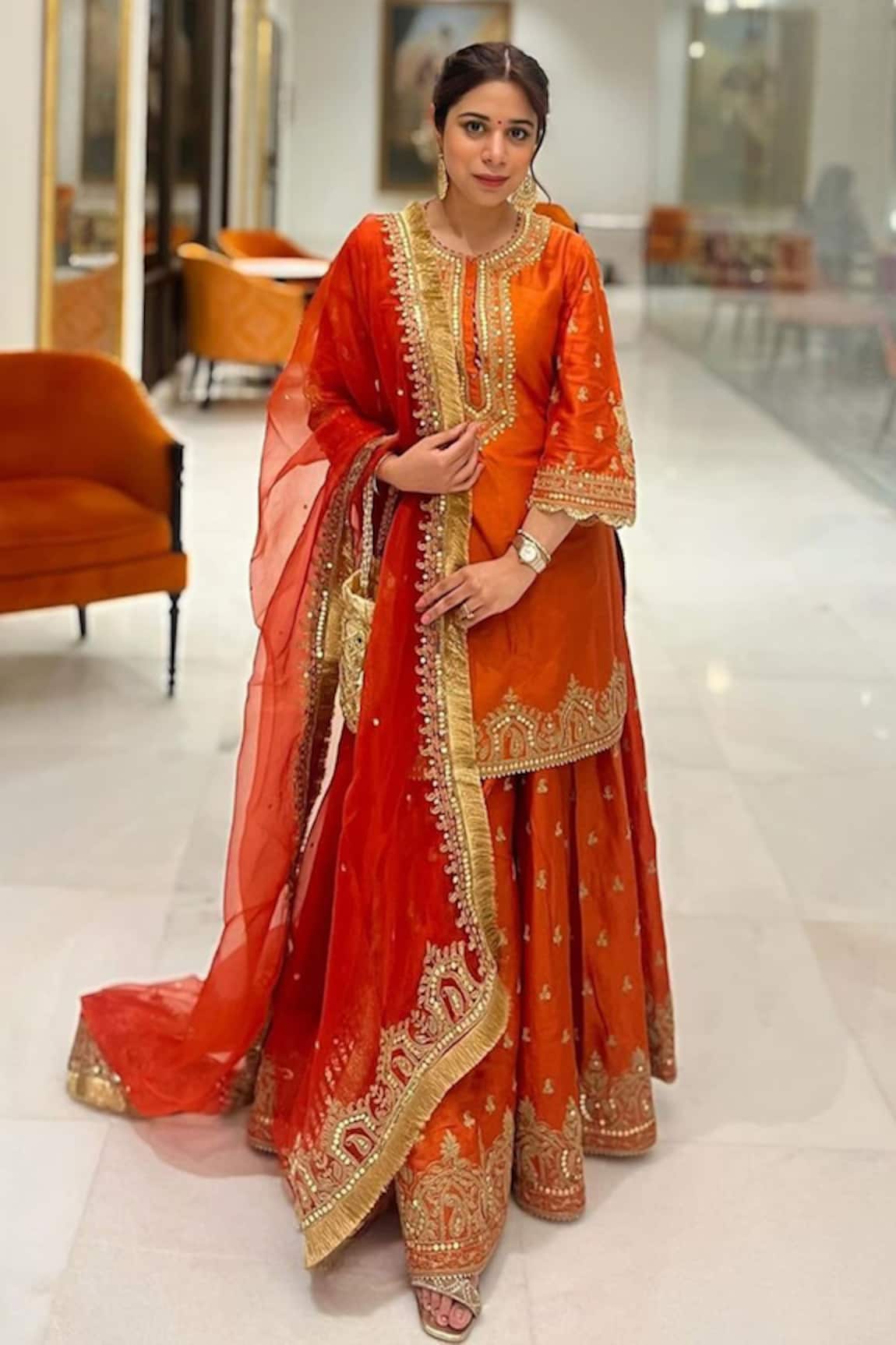Sheetal Batra Mishika Silk Chanderi Paisley Butti Embroidered Kurta Sharara Set 
