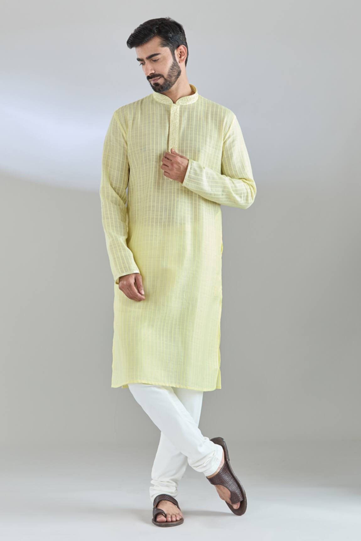 Arihant Rai Sinha Pintucked Yellow Kurta Set 