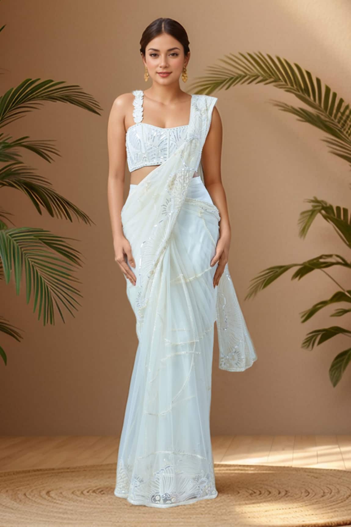 Mishru Floral Embroidered Pre-Draped Saree & Blouse 