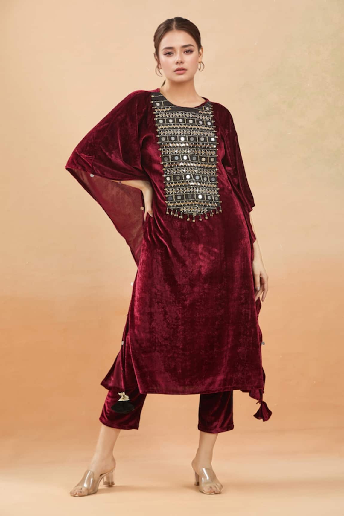 Samyukta Singhania Maroon Hand Embellished Kaftan & Pant Set 