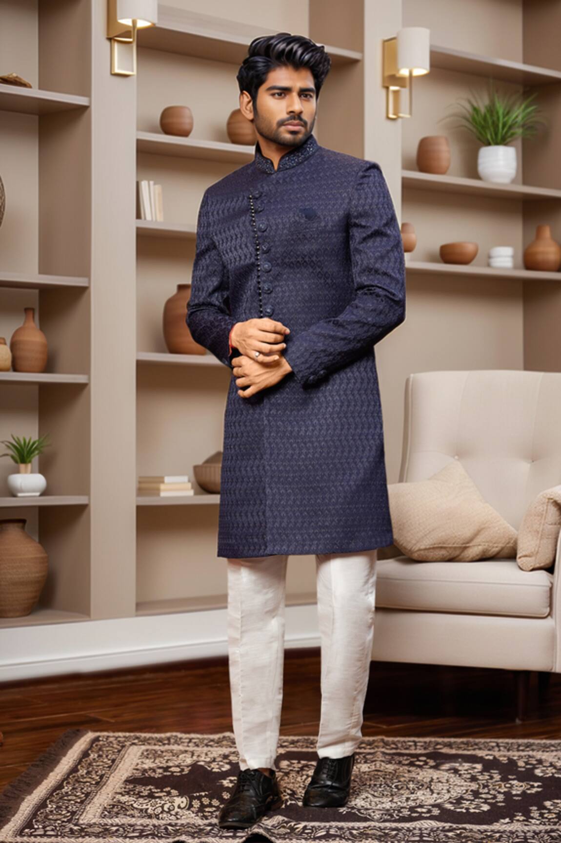Arihant Rai Sinha Navy Blue Geometric Jaal Sherwani & Pant 