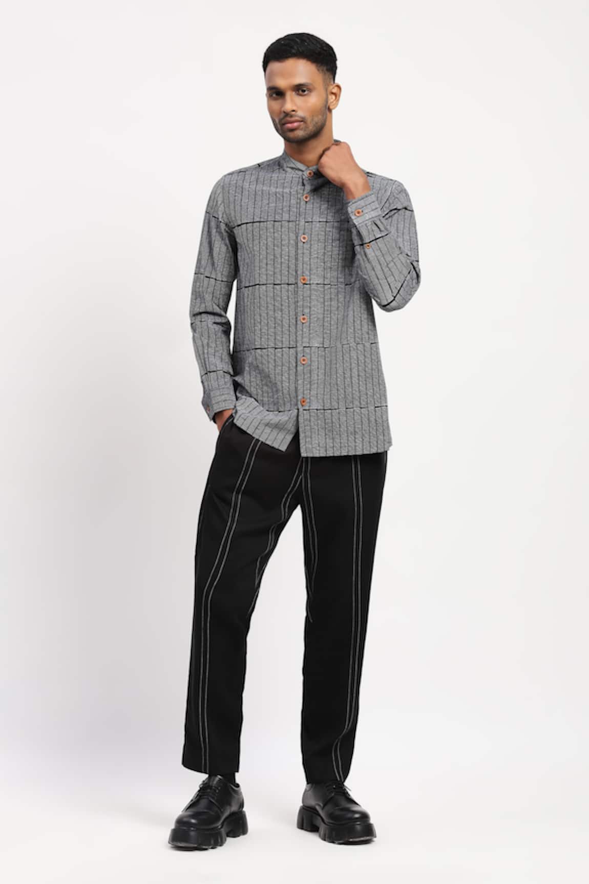 Abraham And Thakore Rows Pattern Block Print Shirt