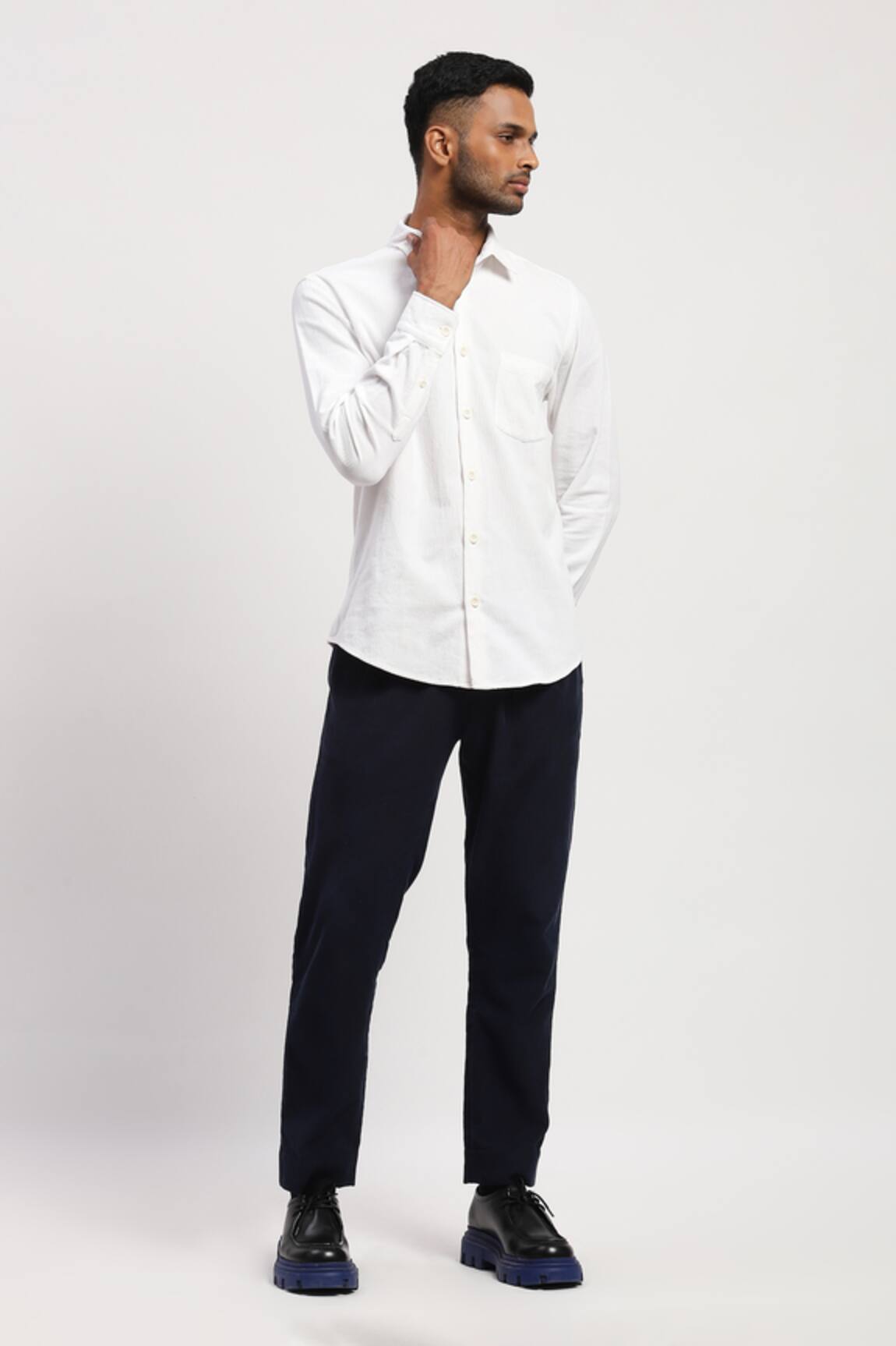 Abraham And Thakore Corduroy Collared Plain Shirt