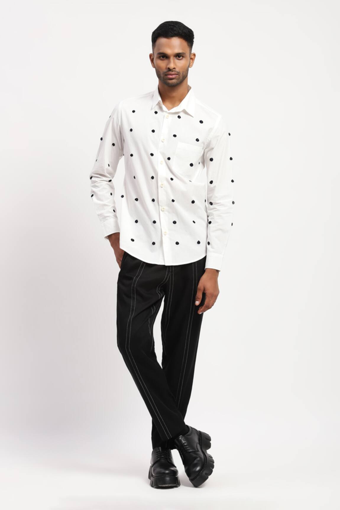 Abraham And Thakore Dot Embroidered Collared Shirt