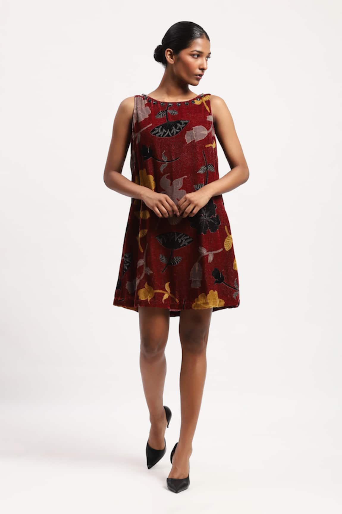 Abraham And Thakore Floral Print Velvet Dress