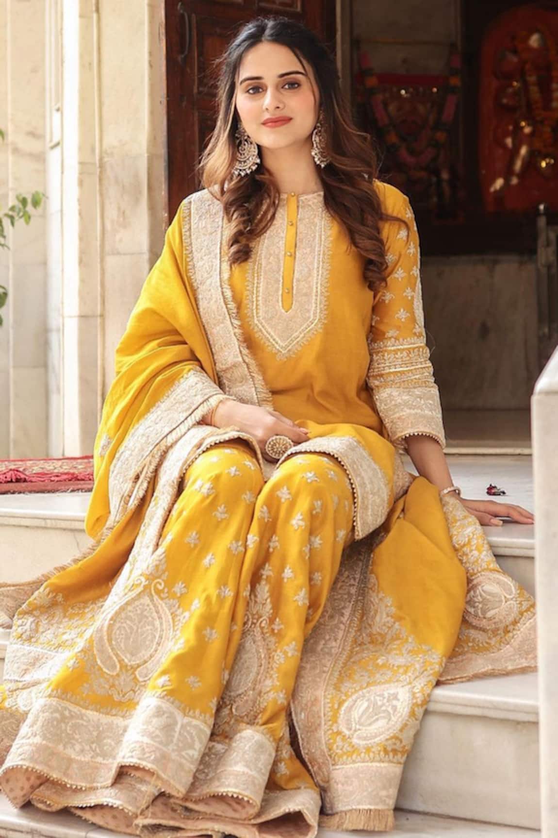 Sheetal Batra Yellow Kashmiri Tilla Kurta Set