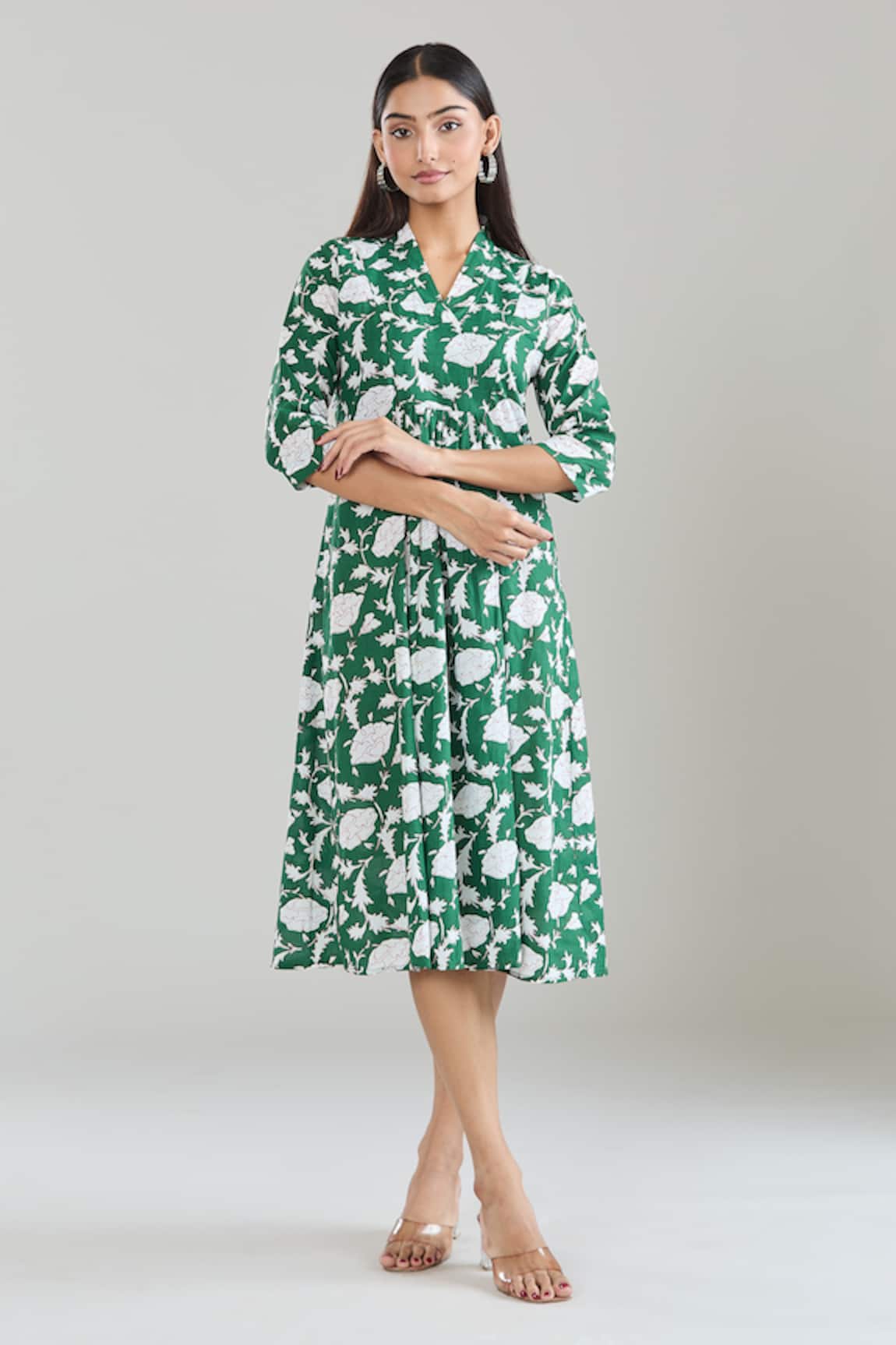 Samyukta Singhania Green Floral Hand Block Printed Midi Dress 