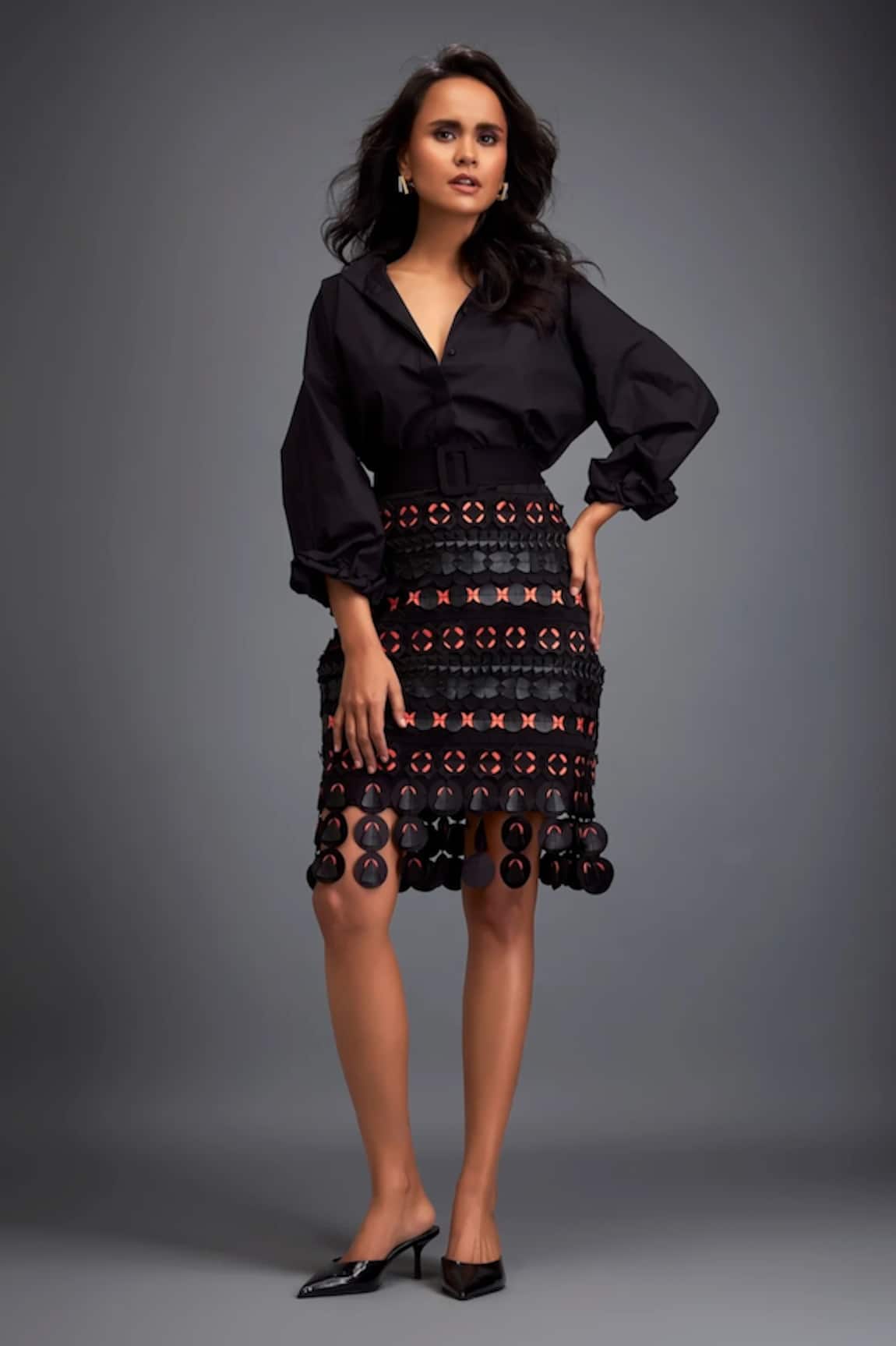 Deepika Arora Black Geometric Applique Embroidered Skirt