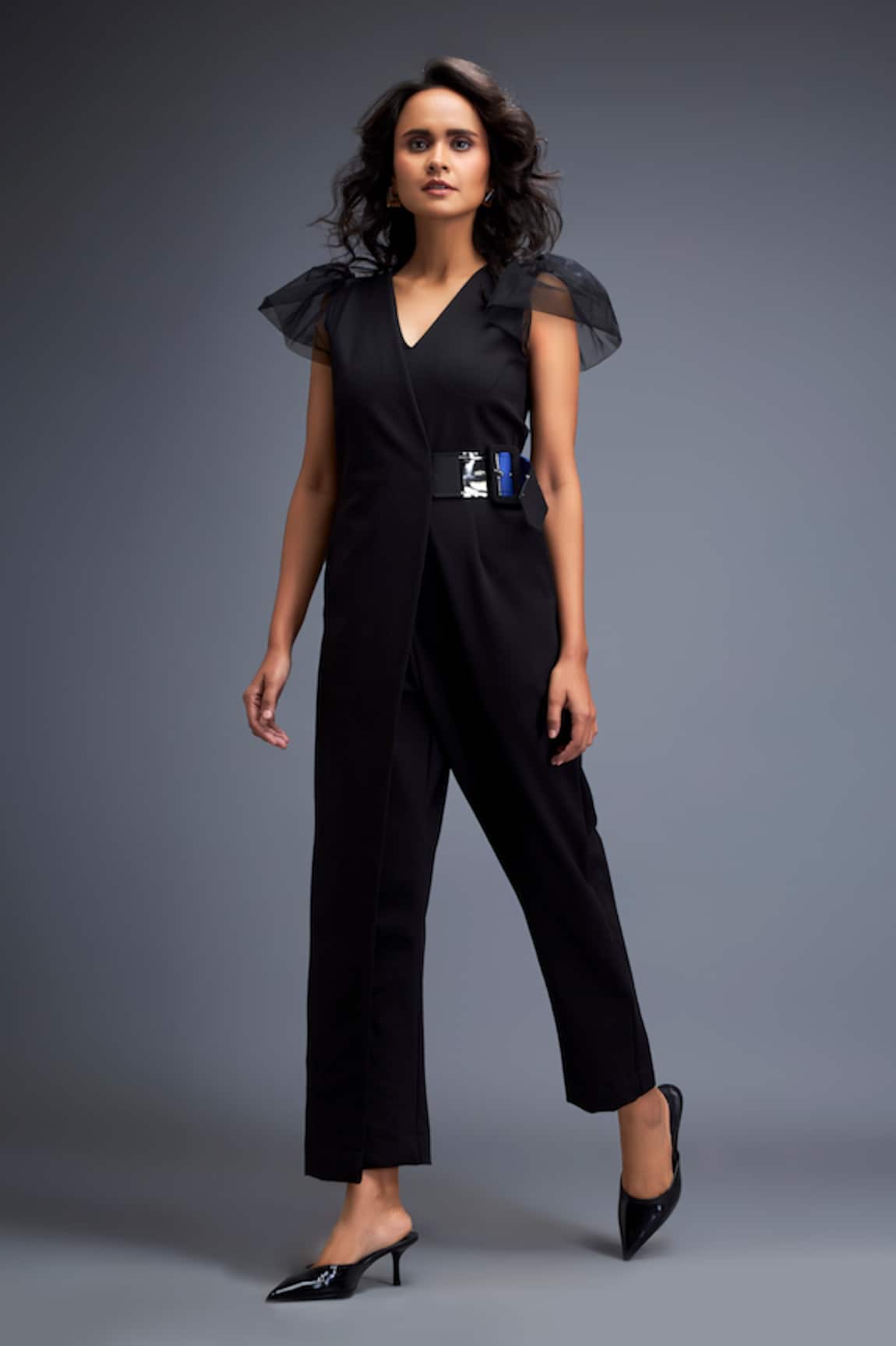 Deepika Arora Black V Neck Jumpsuit With Sheer Sleeves 