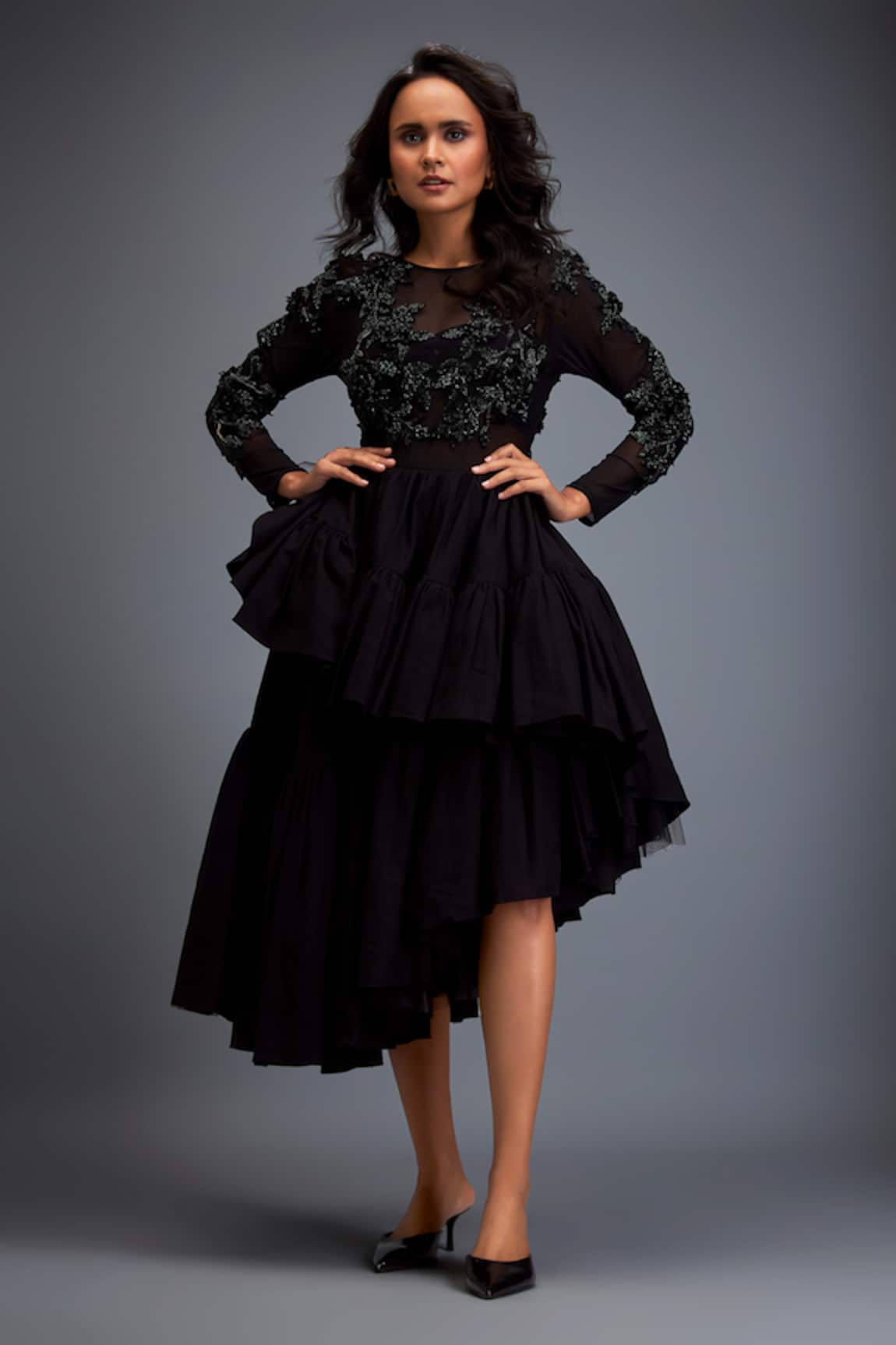 Deepika Arora Swarovski Embroidered Black Top & Ruffled Skirt 