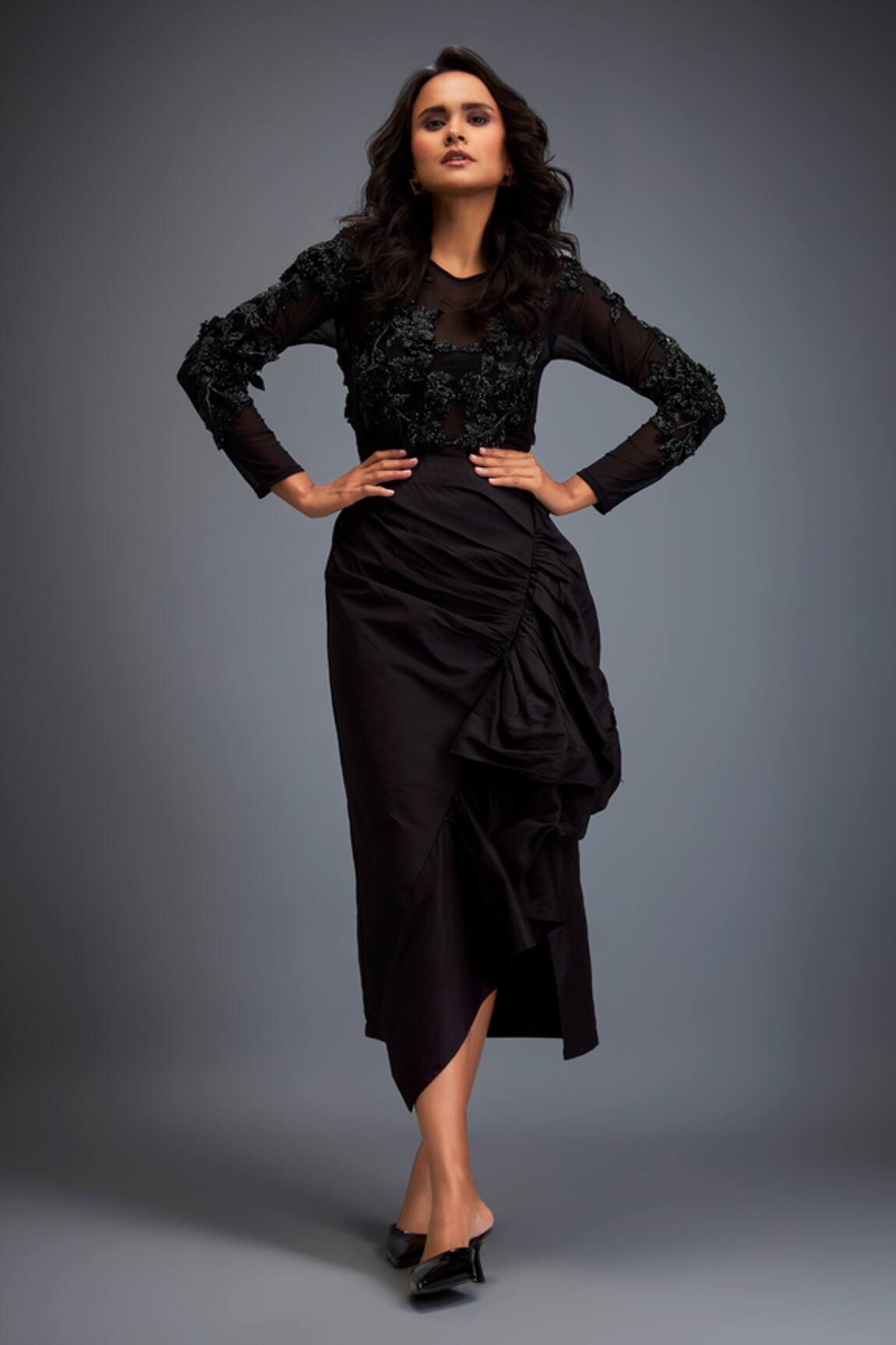 Deepika Arora Swarovski Embroidered Top & Ruched Skirt Set 