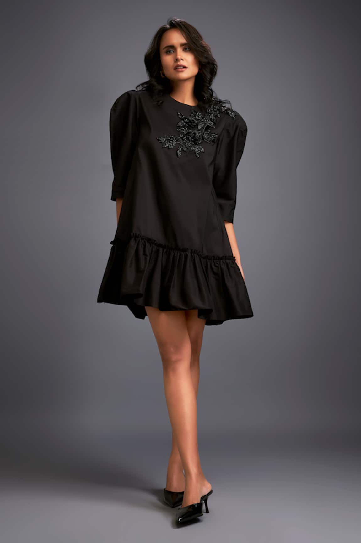 Deepika Arora Black Puffed Sleeve Embroidered Dress