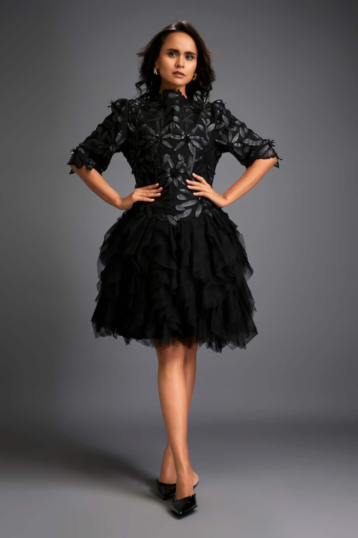 Deepika Arora Floral Applique Layered Dress