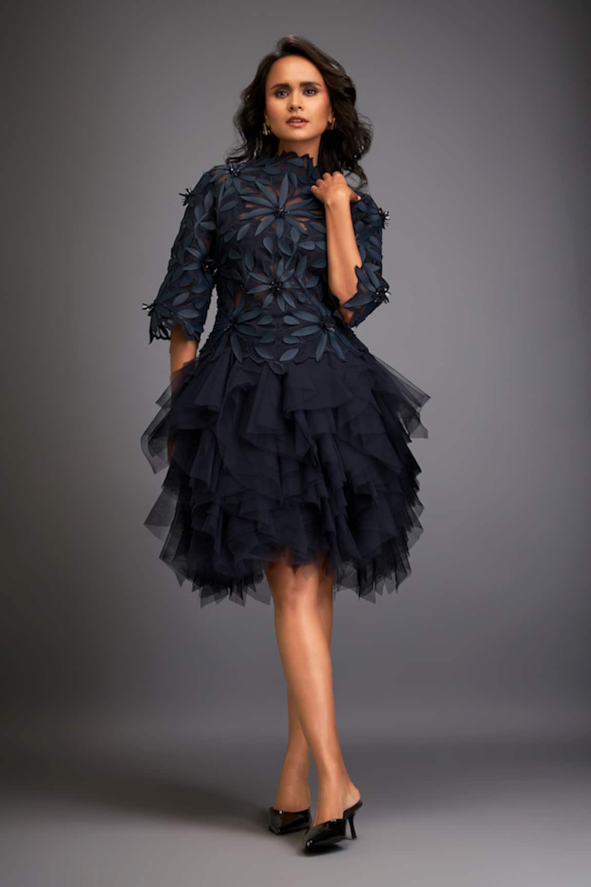 Deepika Arora Floral Applique Ruffle Dress