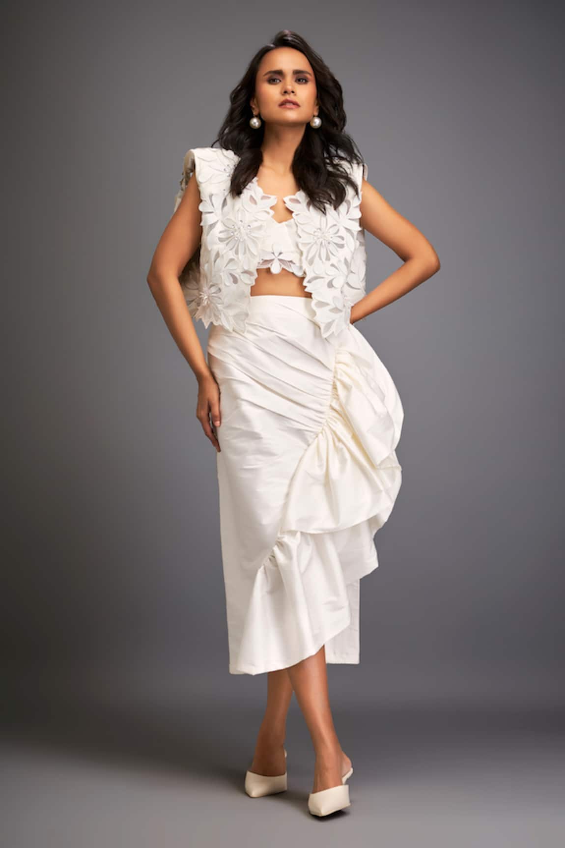 Deepika Arora White Floral Applique Jacket & Ruched Skirt Set 
