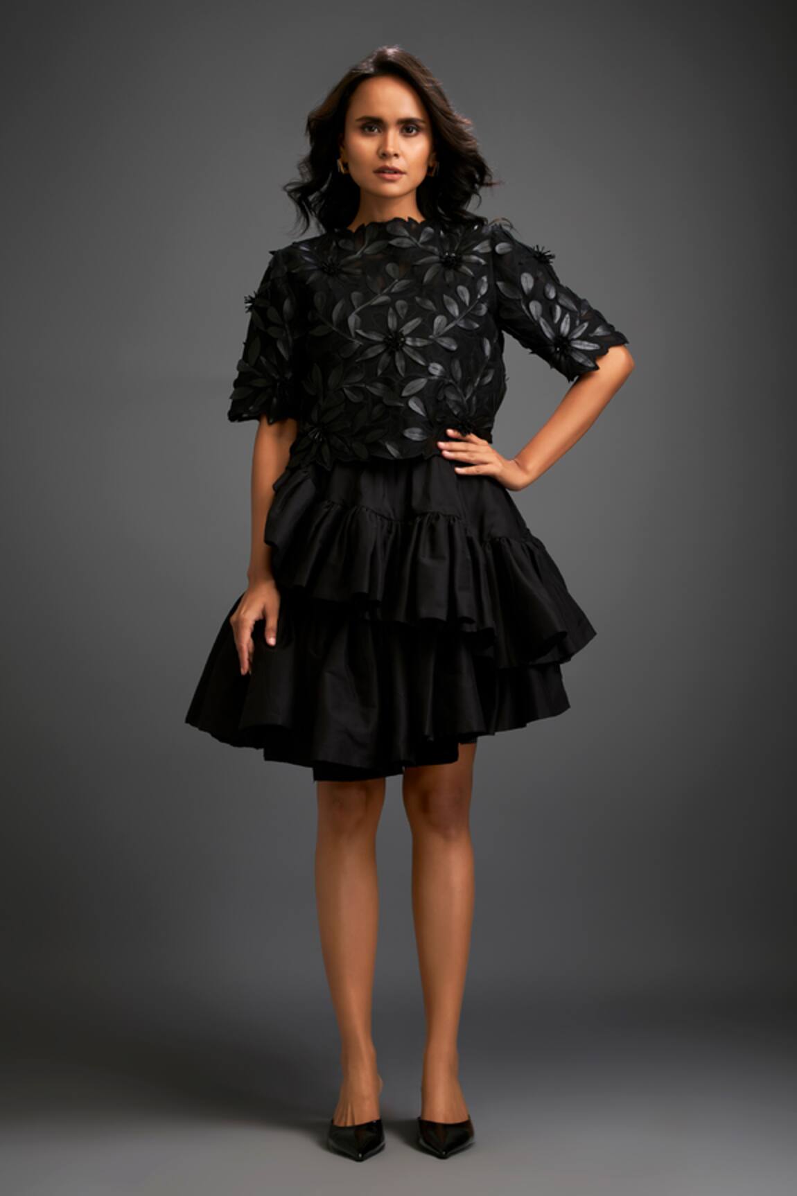 Deepika Arora Floral Applique Top With Ruffled Skirt