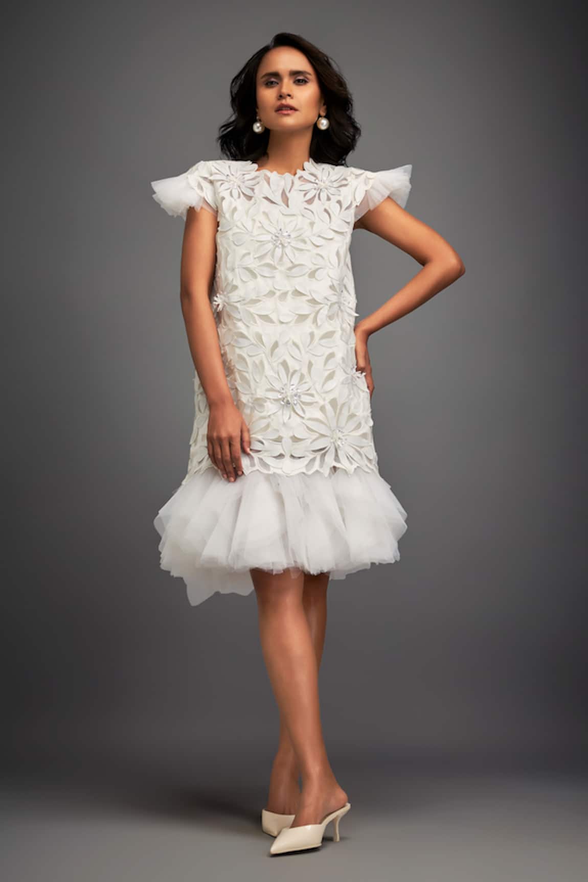 Deepika Arora White Floral Applique Ruffle Dress 