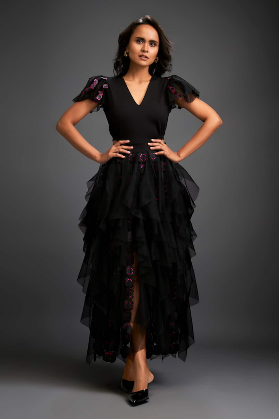 Deepika Arora Black Cutwork Layered Ruffled Skirt 