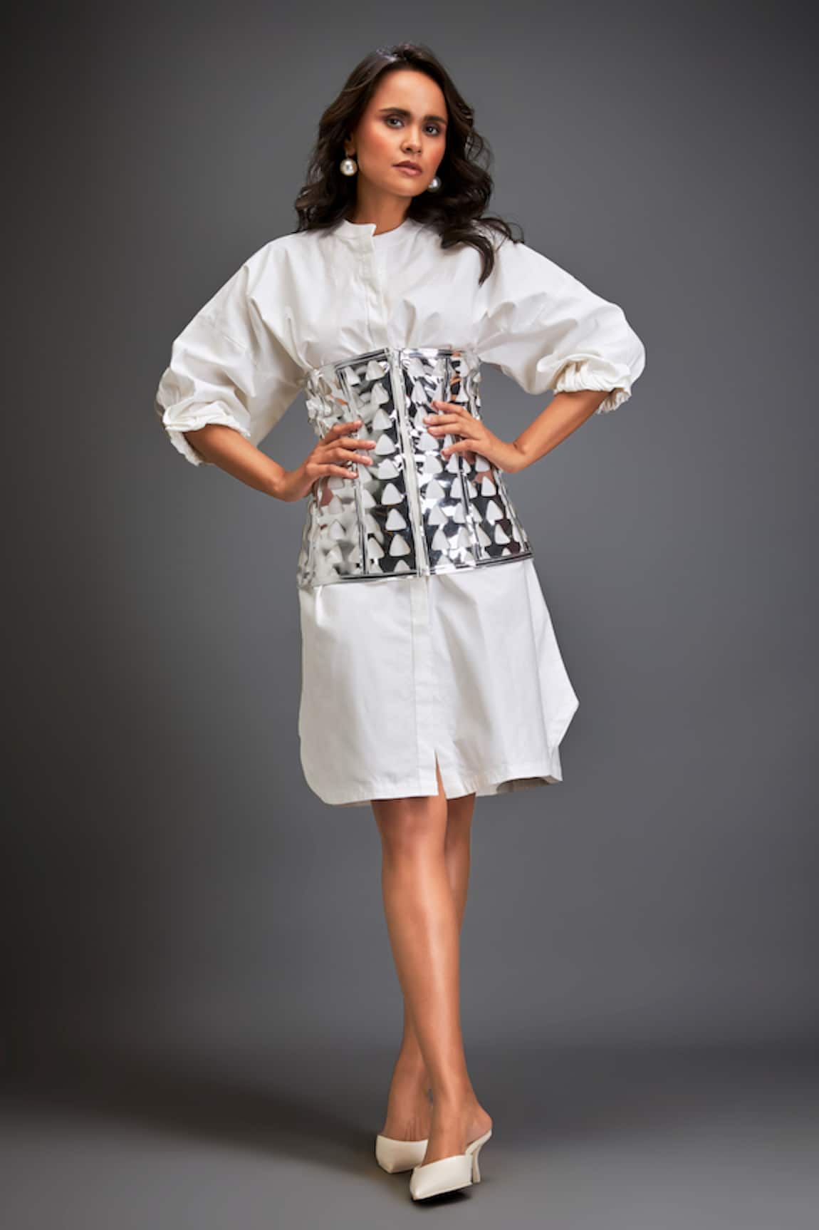 Deepika Arora White Shirt Dress With Cutwork Corset Belt 