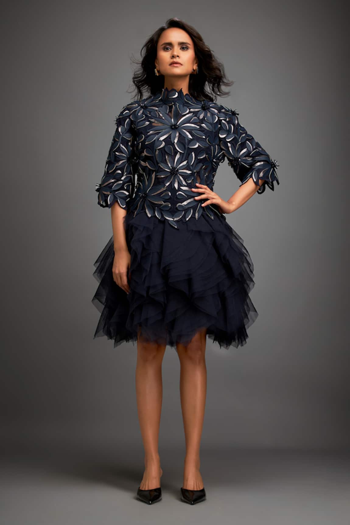 Deepika Arora 3D Bloom Applique Embellished Ruffled Dress 