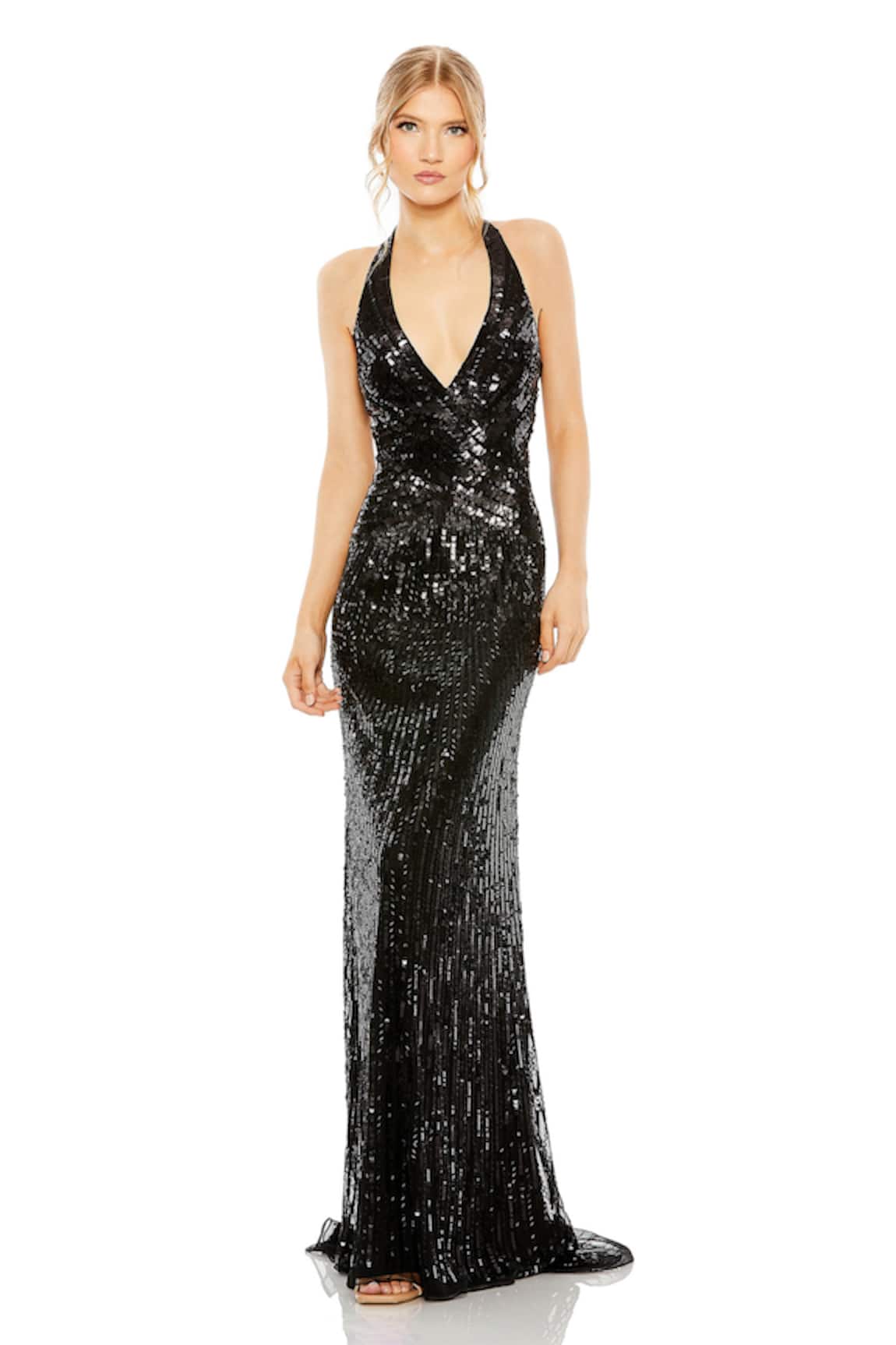 Mac Duggal Black Sequin Embellished Halter Gown 