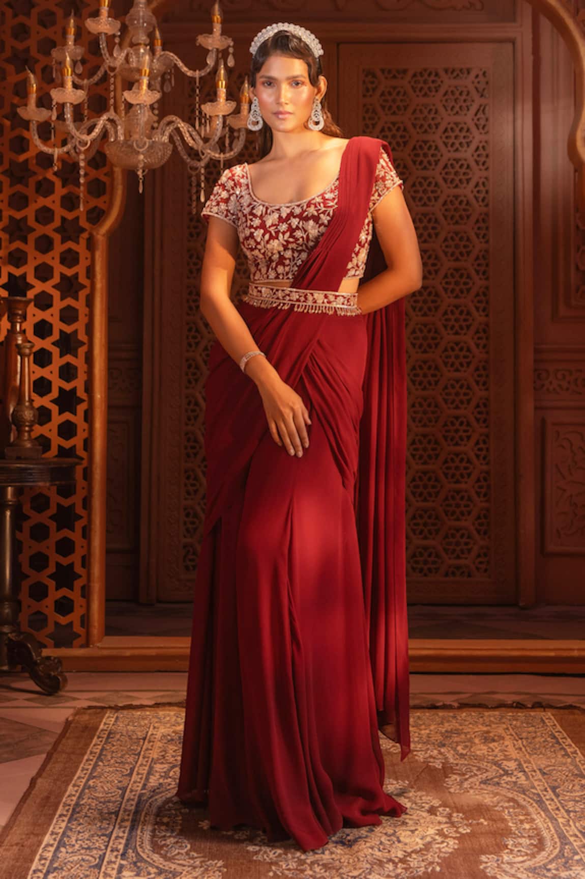 Maisolos Maroon Bloom Embroidered Pre-Draped Saree Set 