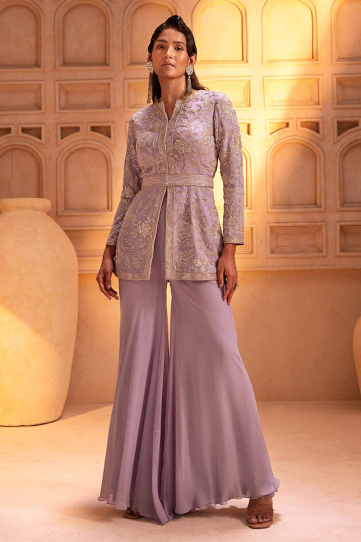 Maisolos Cutdana Floral Peplum Jacket & Sharara Set