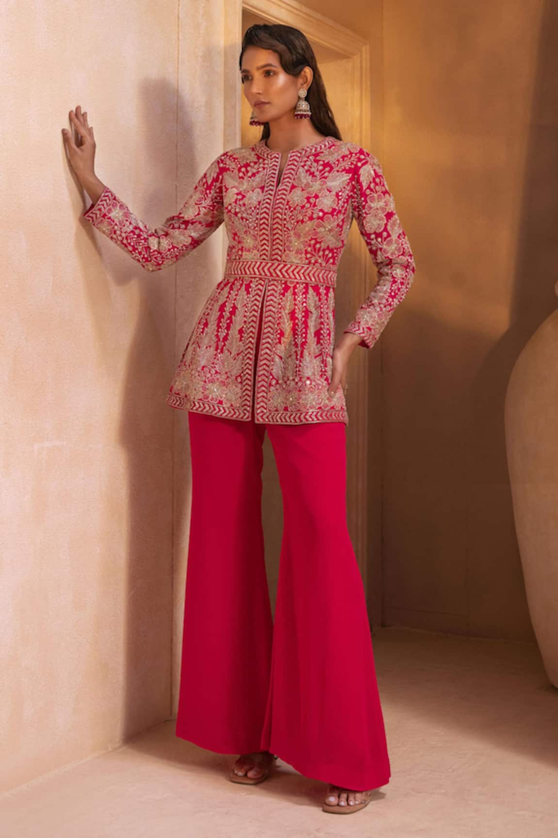 Maisolos Floral Embroidered Peplum Jacket & Sharara Set