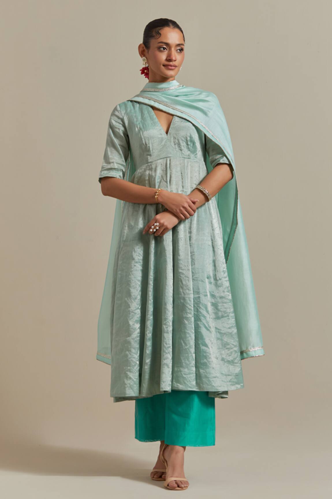 Vinusto Handwoven Zari Silk Panelled Anarkali & Pant Set 