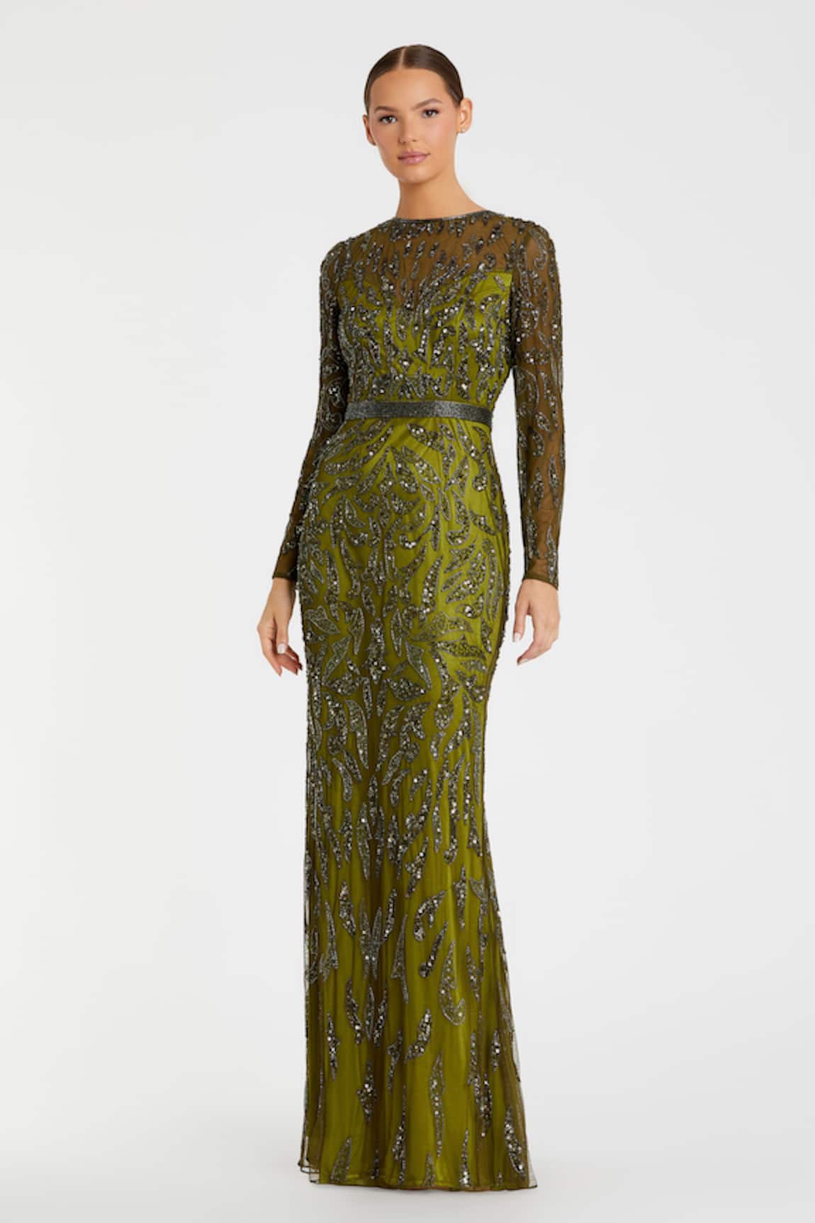 Mac Duggal Olive Green Sequin Cutdana Gown 