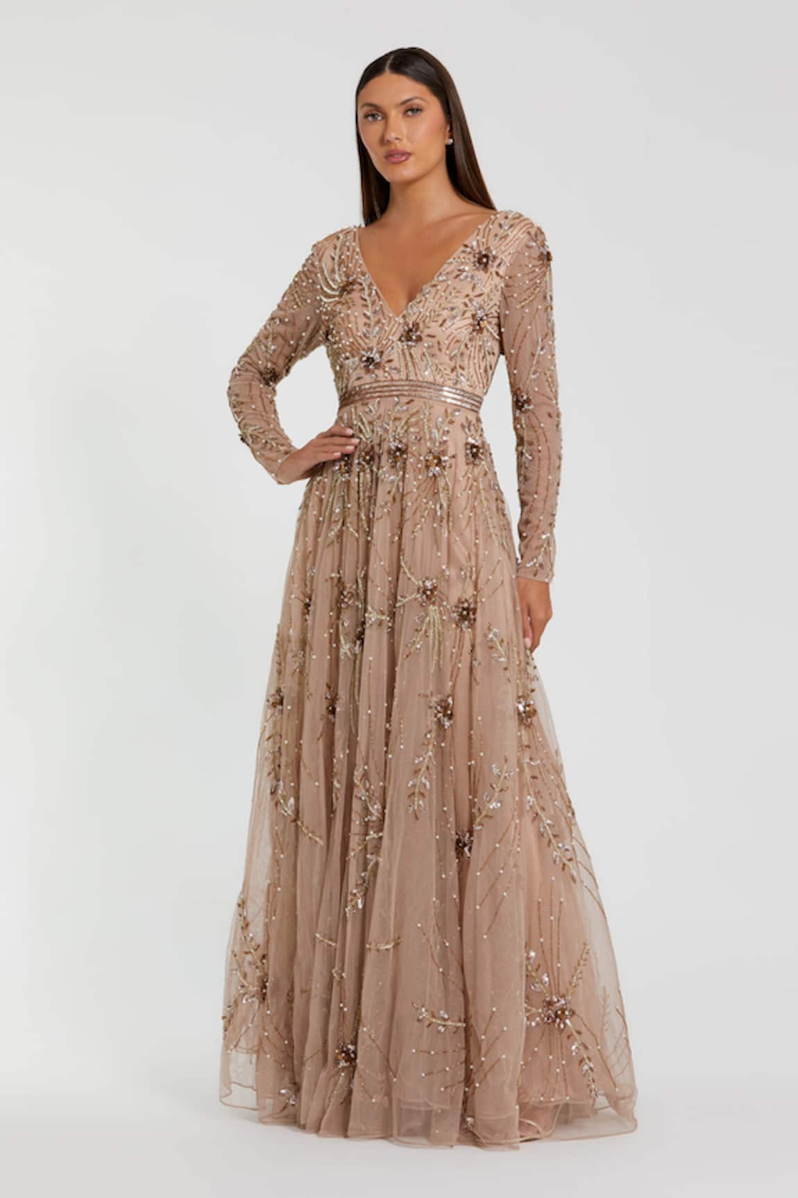 Mac Duggal Sequin Blossom Embroidered Gown 