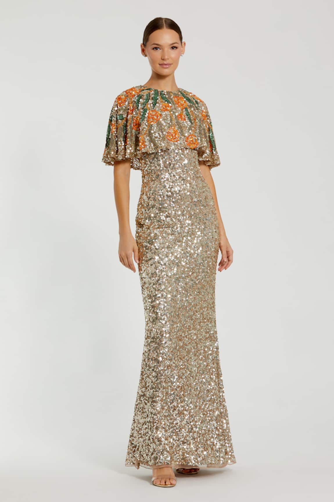 Mac Duggal Gold Sequin Embellished Gown With Cape 