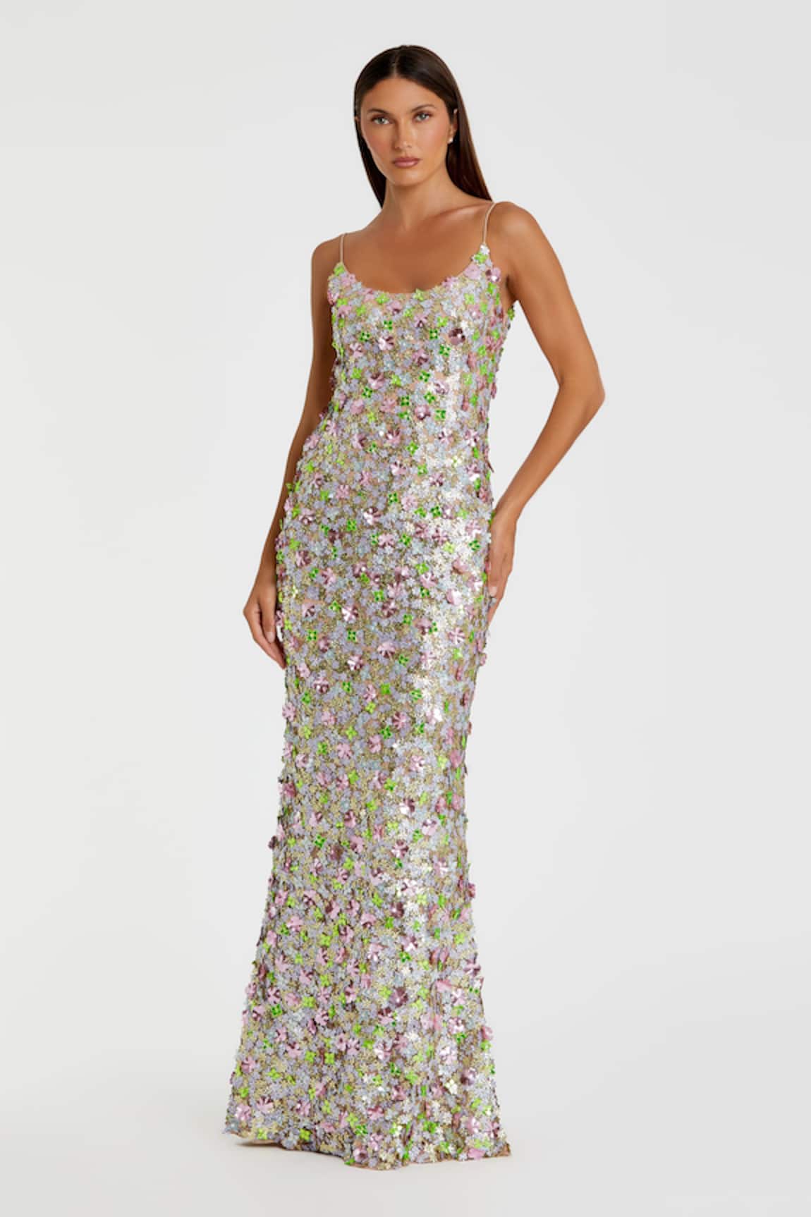 Mac Duggal Floral Paillette Embellished Mesh Gown 