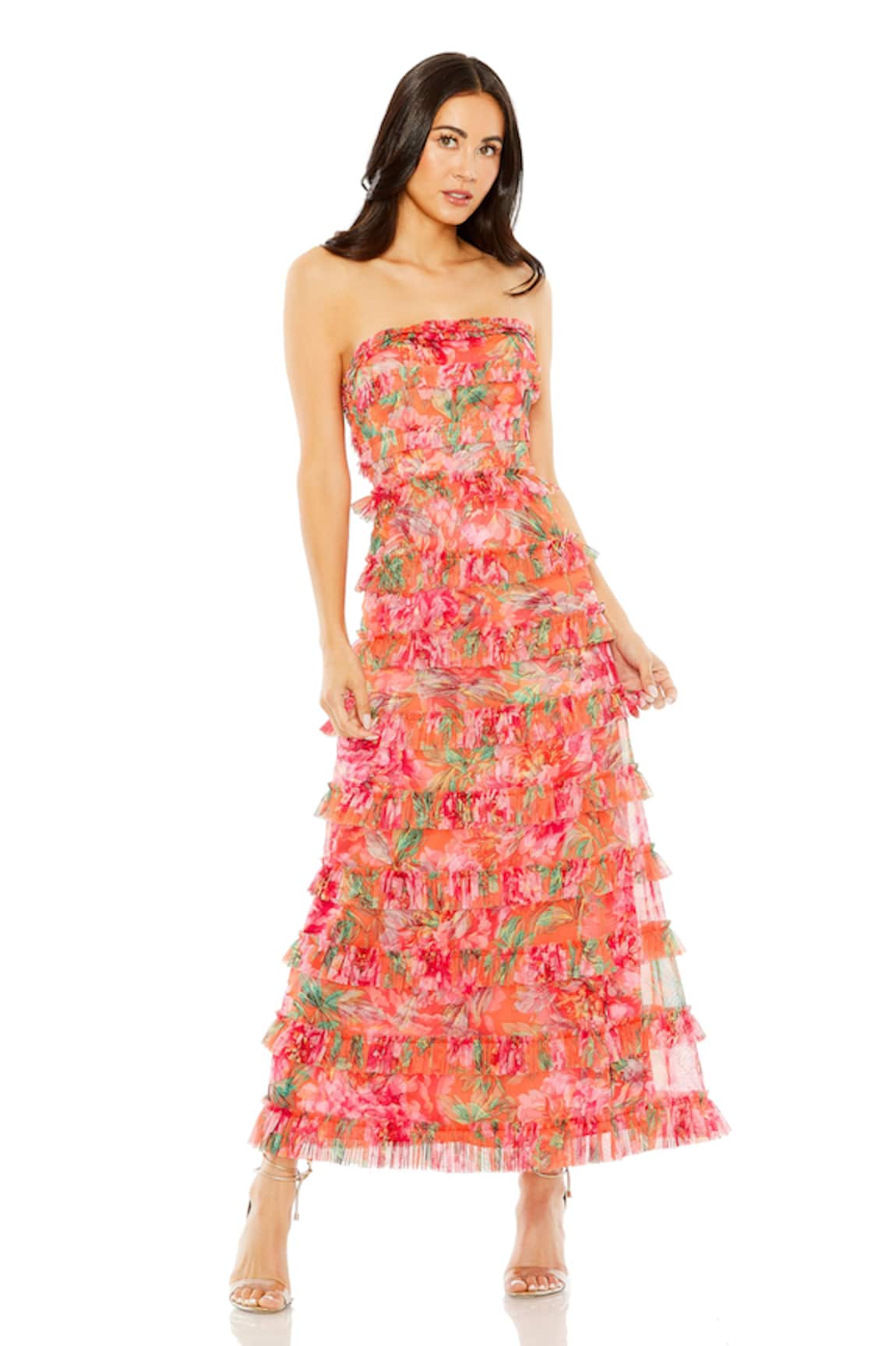 Mac Duggal Floral Ruffle Tiered Off Shoulder Dress 