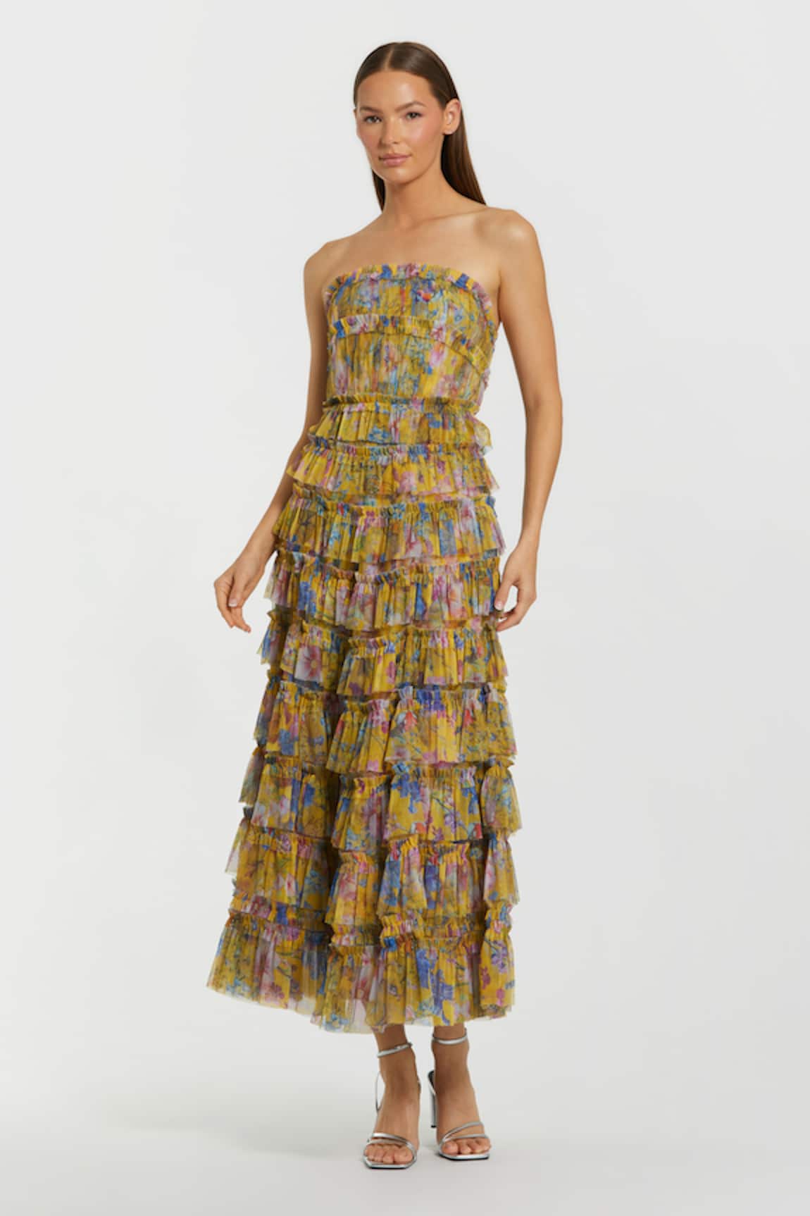 Mac Duggal Floral Blossom Print Ruffle Tiered Midi Dress 