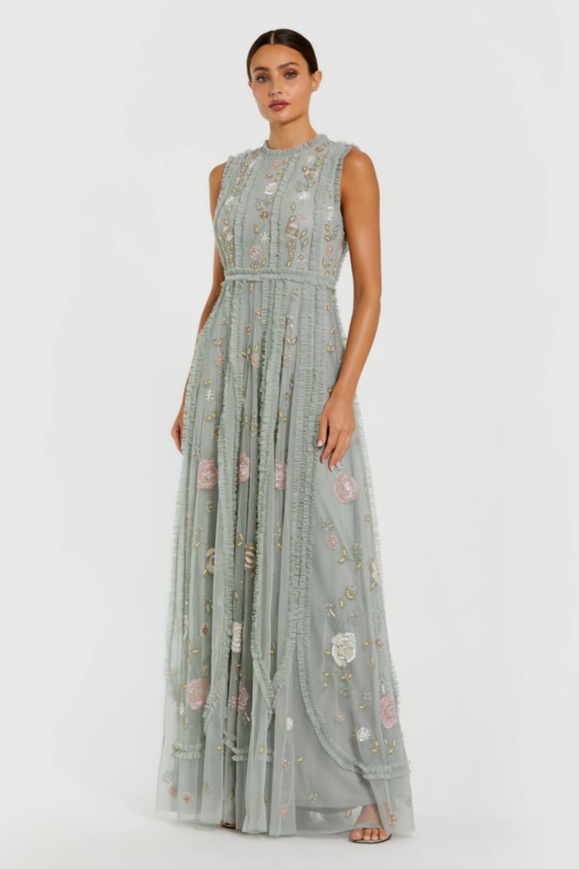 Mac Duggal Floral Mesh Hand Embroidered Gown 