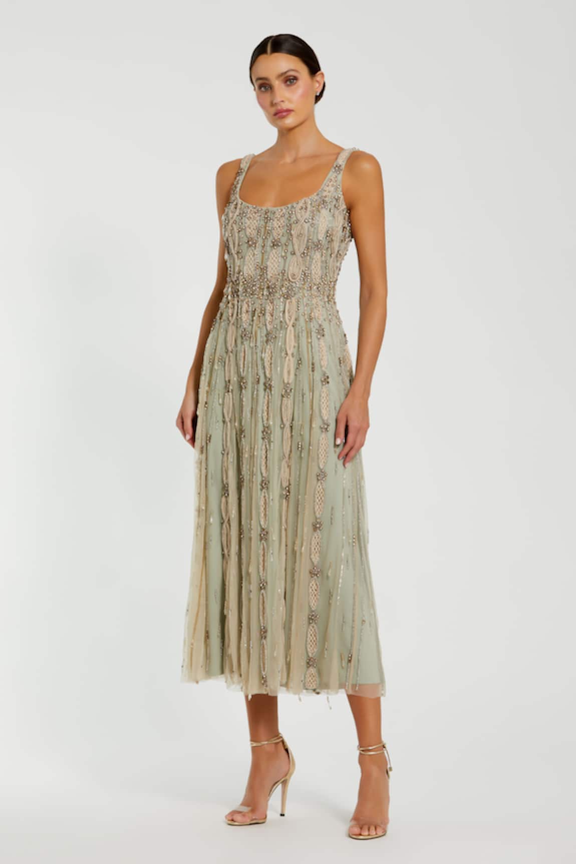 Mac Duggal Floral Hand Embroidered Midi Dress 