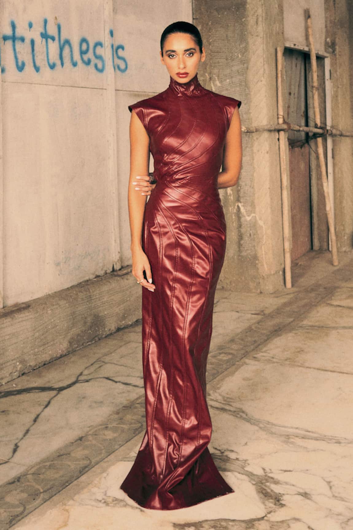 Antithesis India Faux Leather Wave Pattern Maxi Dress