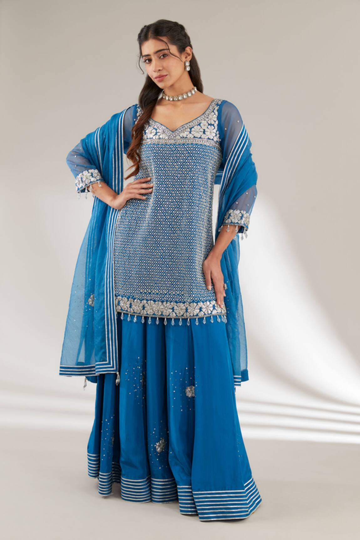 Ajiesh Oberoi Checkered Cutdana Embroidered Kurta Sharara Set 