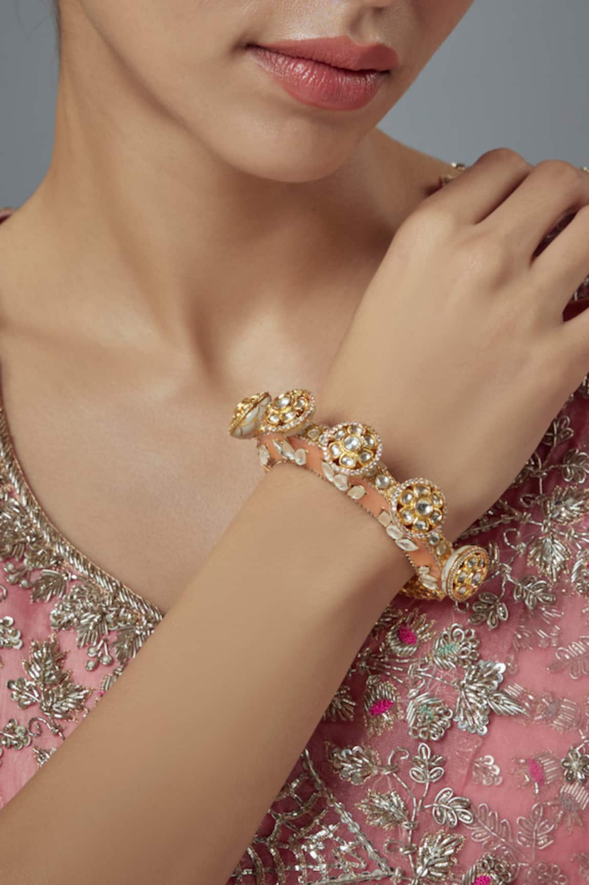 Vivinia By Vidhi Mehra Kundan Gold Plated Floral Kada Bangle